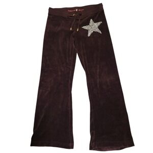 Vintage Twisted Heart Brown Velour Track Pants Sequin Star Slim Flare Low Rise